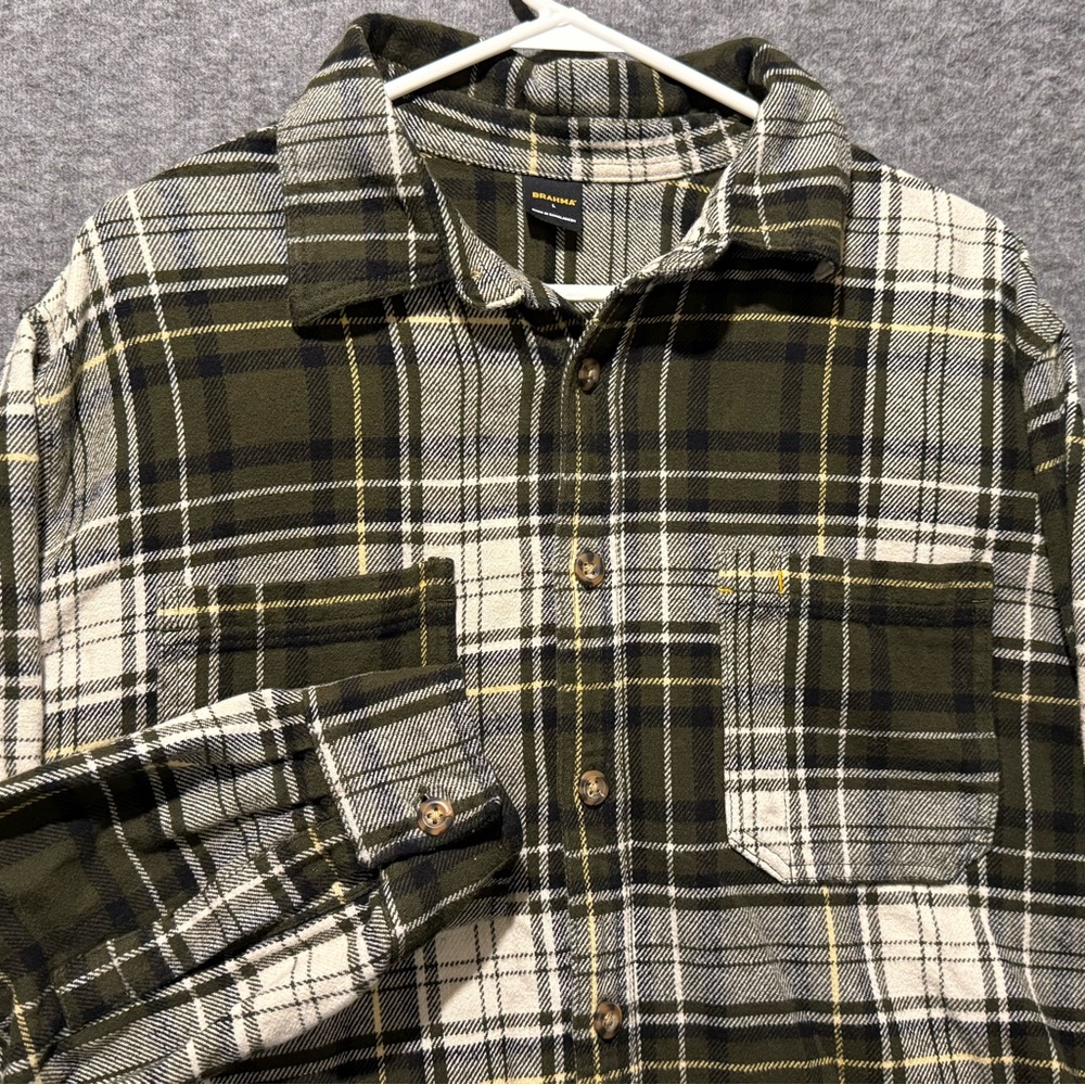 Brahma flannel shirt mens Large green white plaid button up cotton heavy work - Picture 2 of 8
